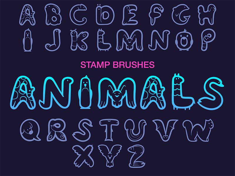 Animals Font Procreate brush pack preview